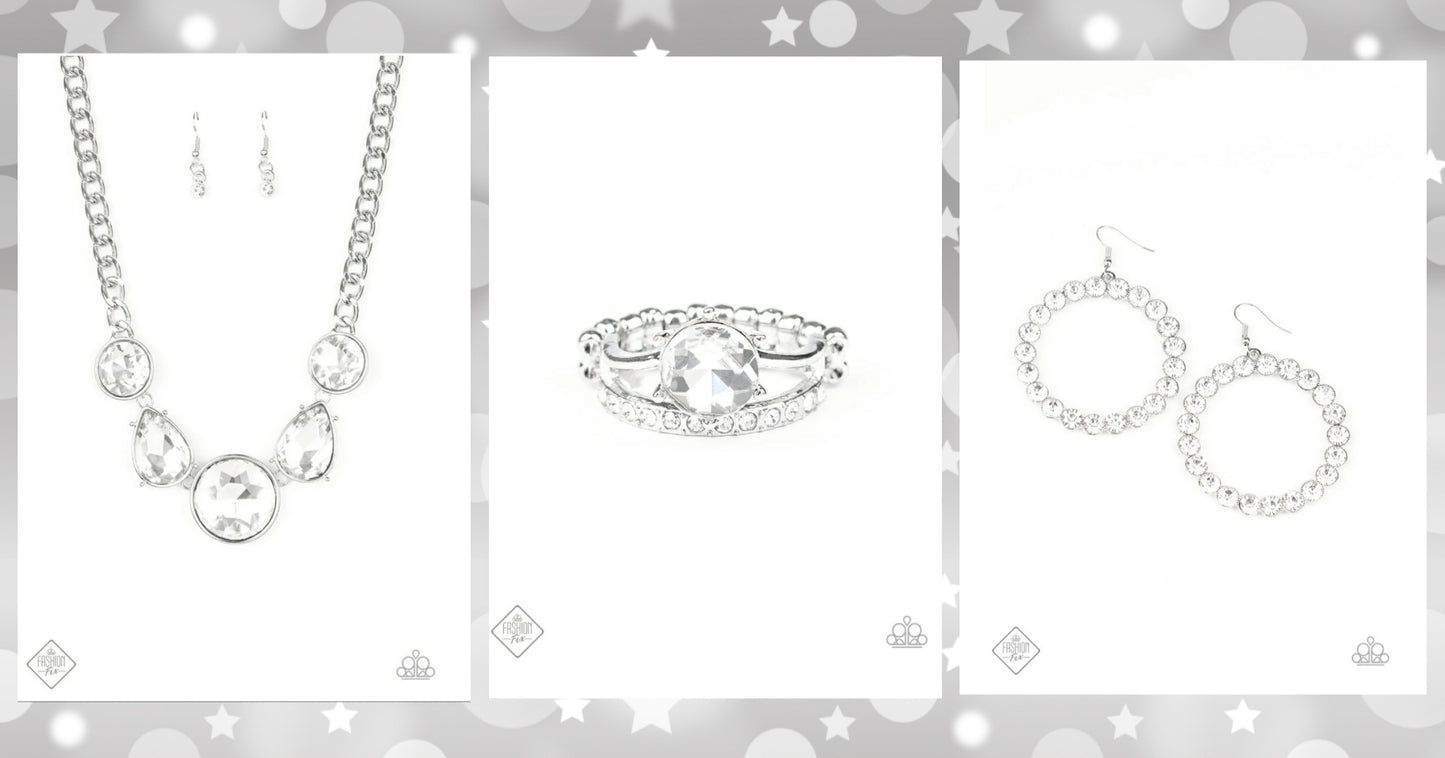 Set: All The World's My Stage (Necklace), Welcome To The GLAM-boree (Earrings), Center Stage Shimmer (Ring) - White